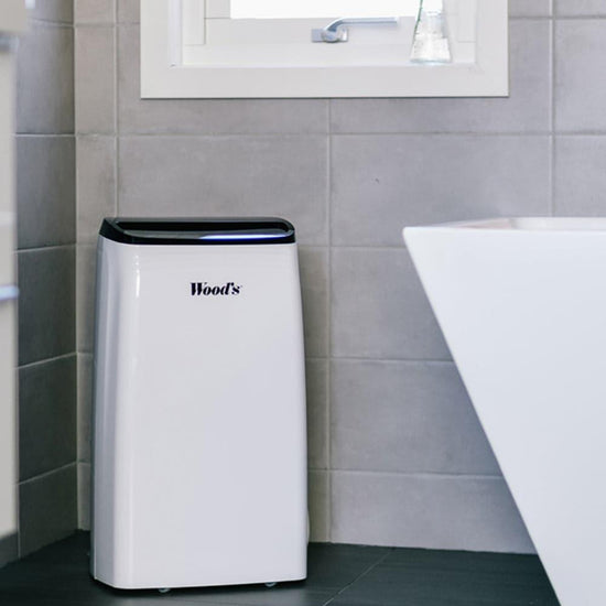 Woods MDK21 Dehumidifier shown in bathroom situation from Bright Air