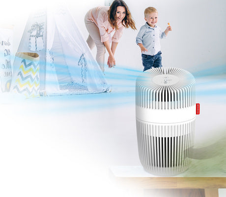 Boneco P130 Air Purifier showing air cleaning flow from Bright Air