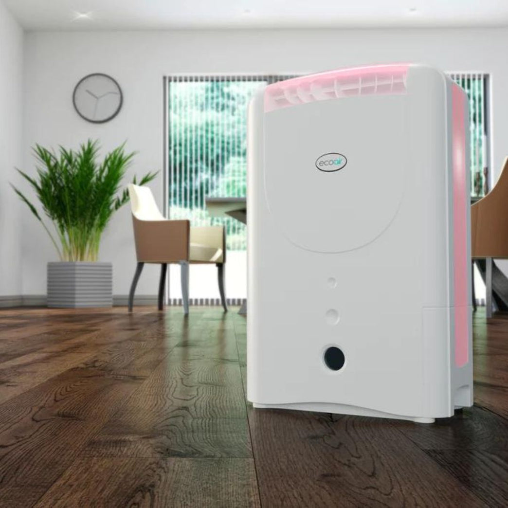 DD1 Simple MK3 PINK 7.5 Desiccant Dehumidifier with antibacterial filter from Bright Air shown in living room situation