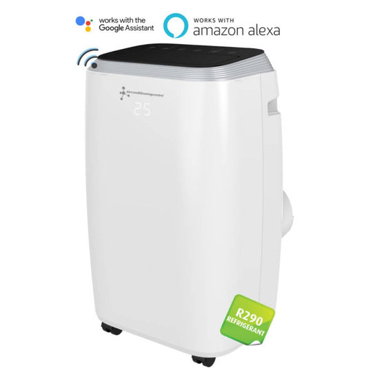 Portable Air Conditioner KYR25 2.5kW Cool Only Mobile Air Conditioning Unit c/w 1.5m Hose - Amazon and Google showing WiFi Control and full view of the Unit from Bright Air