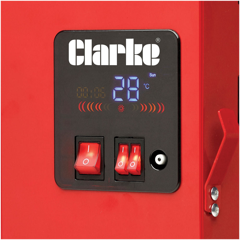 Clarke Devil 370SPC 2.8kW Remote Controlled Quartz Halogen Infrared Heater (230V) showing controls from Bright Air