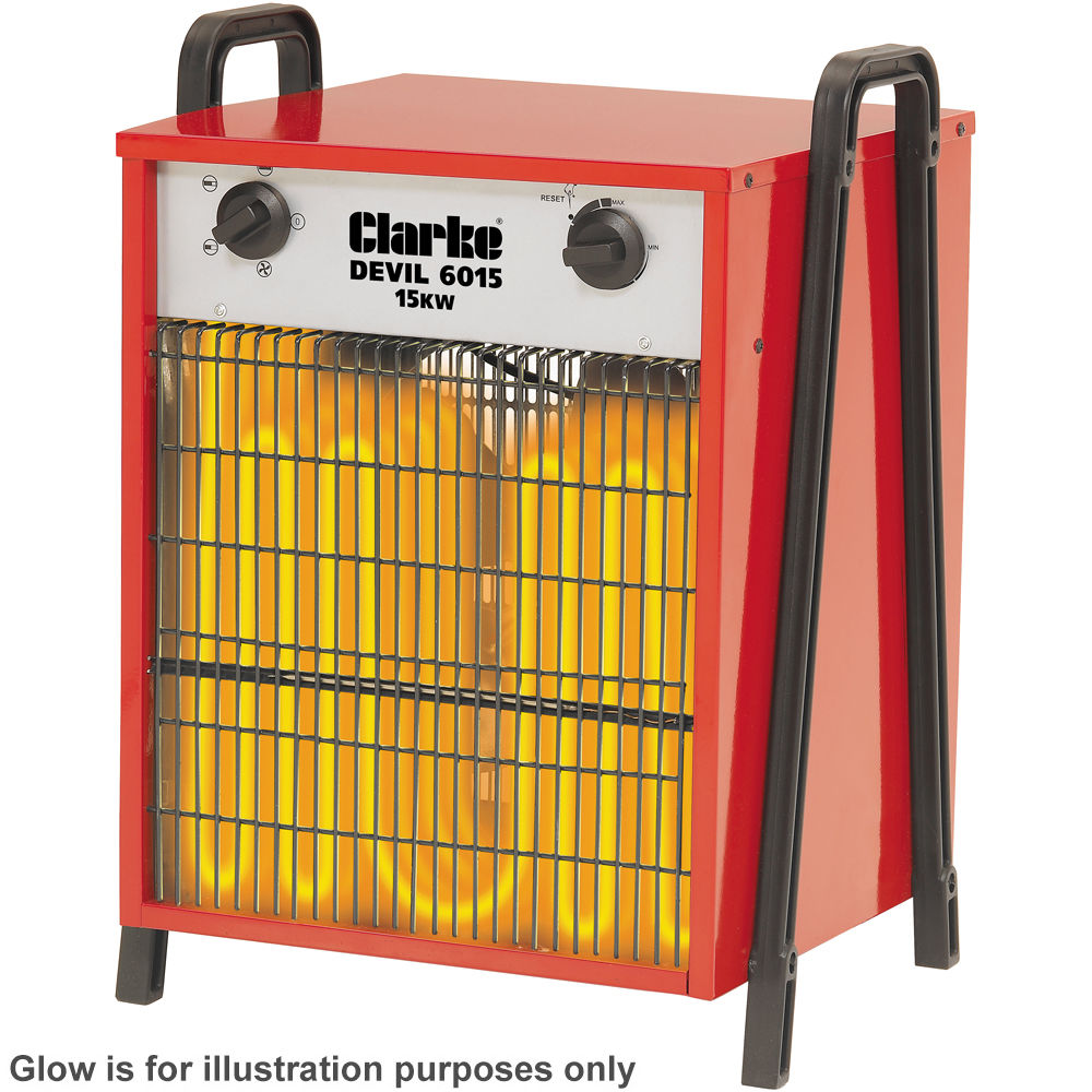 Clarke Devil 6015 15kW Industrial Electric Fan Heater (400V) showing in heating mode from Bright Air