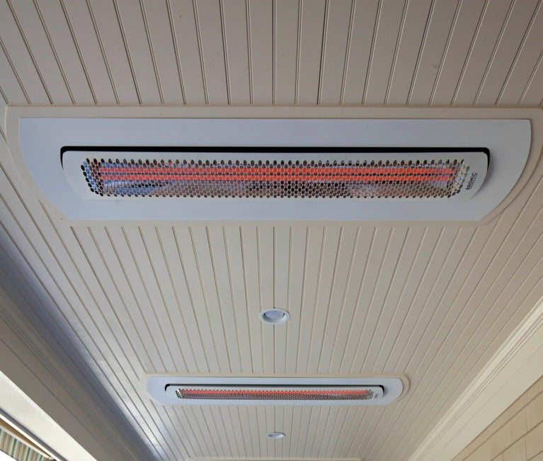  Bromic 3000W TUNGSTEN SMART-HEAT ELECTRIC 220-240V - White shown in residential ceiling with surround from Bright Air in white