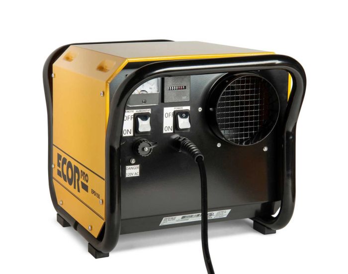 Ecor Pro DH2500 DryFan 35 Litre Desiccant Dehumidifier 230v showing rear and side angles in yellow and black from Bright Air