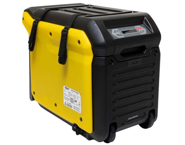 Ecor Pro EPD170LGR 80L Low Grain Refrigerant Dehumidifier with Water Pump showing side and front of unit with control panel from Bright Air in black and yellow