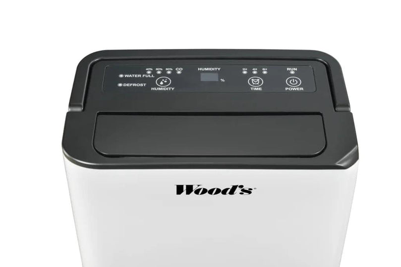 Woods MDK13 Dehumidifier showing top detail and control functions from Bright Air