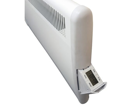 PLE200(SS) Panel Convector Heater with Electronic 7 Day Timer showing side controls open from Bright Air white option