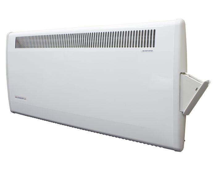 PLSTi100E Wall Mounted Fan Heater with Electronic 7 Day Timer and Intelligent Fan Control from Bright Air showing front view and side control panel open