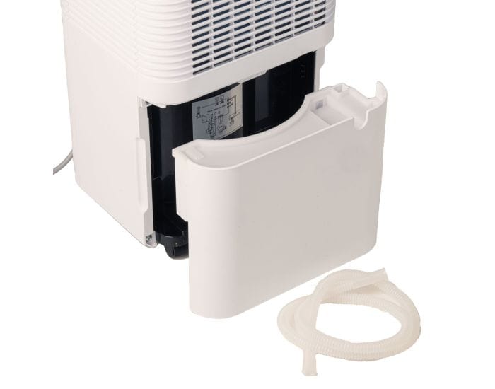 Prem-I-Air 10L Compact Compressor Dehumidifier - EH1930 showing removable tray detail and hose from Bright Air