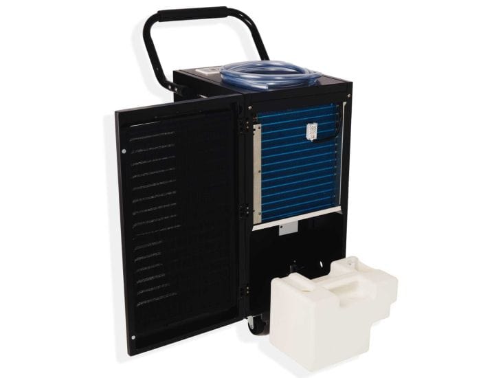 Prem-I-Air 50L Heavy Duty Electronic Commercial Dehumidifier - EH1936 showing back panel open and tray removed from Bright Air