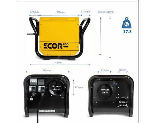 Ecor Pro DH2500 DryFan 35 Litre Desiccant Dehumidifier 230v sizing specification drawing from Bright Air