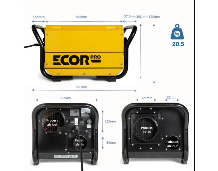 Ecor Pro DH3500 Dryfan 45 Litre Desiccant Dehumidifier 230v product dimension diagram from Bright Air