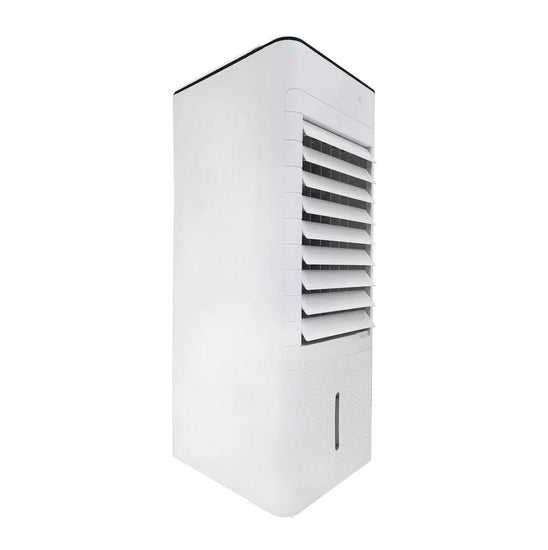 Vybra Evaporative air cooler, remote control & 3 ice blocks showing side angle in white from Bright Air