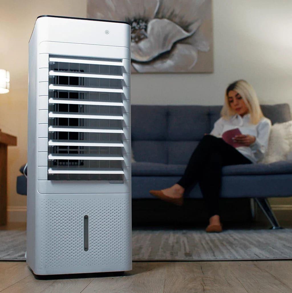 Vybra Evaporative air cooler, remote control & 3 ice blocks shown in residential situation from Bright Air