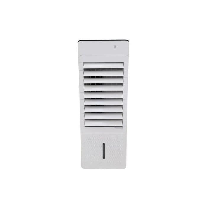 Vybra Evaporative air cooler, remote control & 3 ice blocks shown front view in white from Bright Air showing front louvres